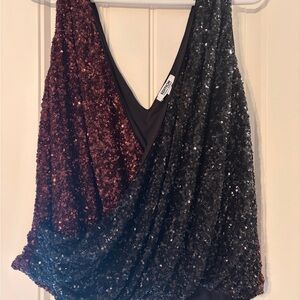 Express Sequin Drape Top - Black and Burgundy